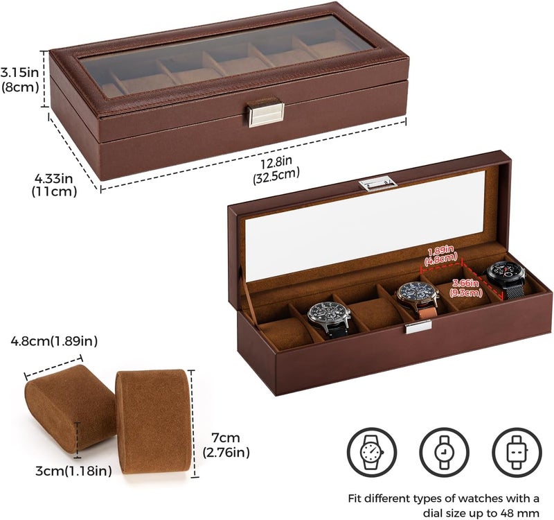 Procase Watch Box, 6 Slot Mens Watch Case, Watch Storage Holder Organizer, Watch Display Case with Glass Lid, Anniversary Birthday Christmas Gifts for Men Women -6 Slot, Espresso - Image 5